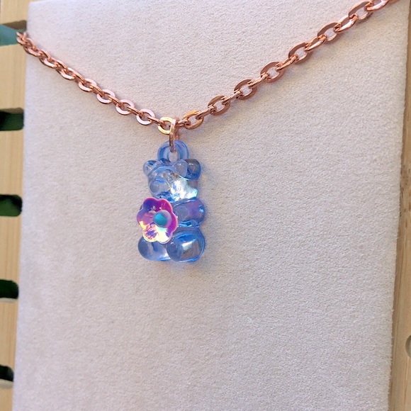 Pastel Blue + Iridescent Pink Flower Gummy Bear Pendant Charm Necklace - Picture 4 of 6